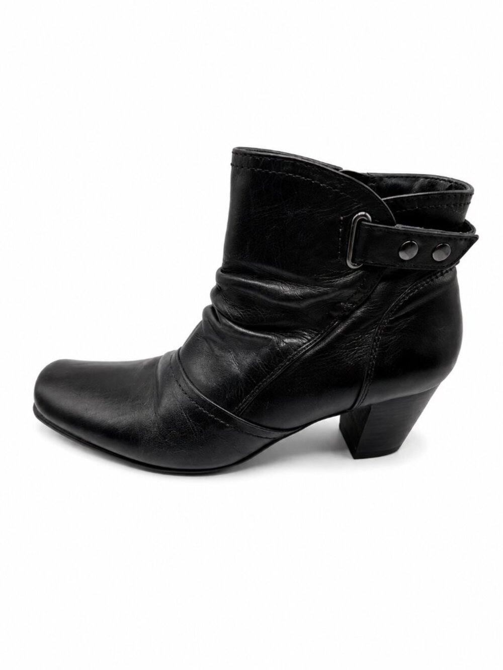 Melia Black Leather Ruched Ankle Boots Buckle Detail EU 38 US 7.5-8